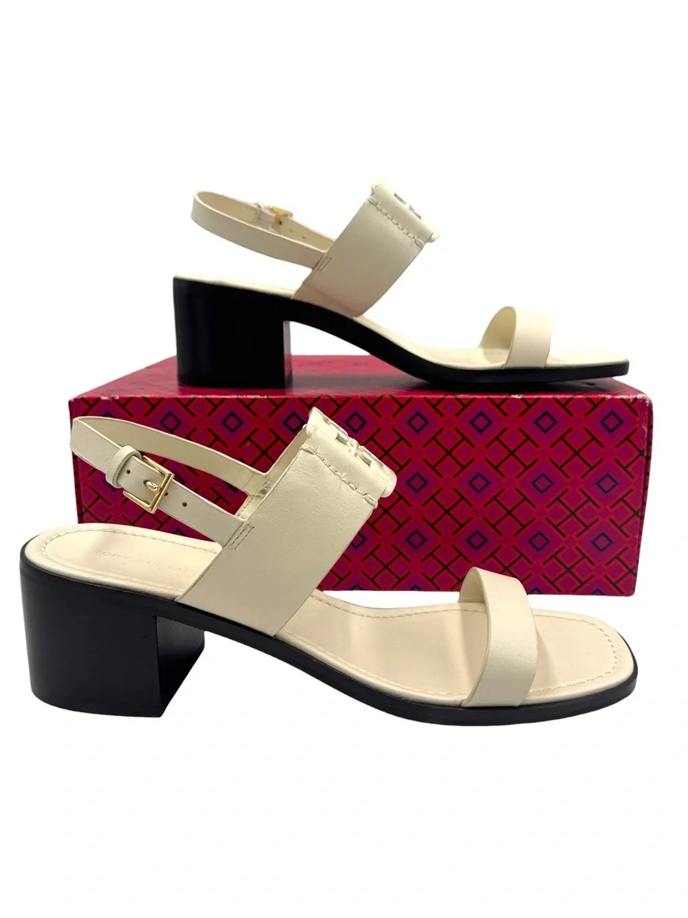 Tory Burch Georgia 55MM Cream Block Heel Slingback Sandals Size 9.5